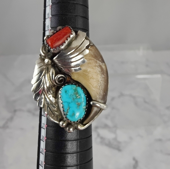 Zuni Sterling Silver Ring Size 11 Turquoise, Coral Bennie Bowekaty - Picture 8 of 12